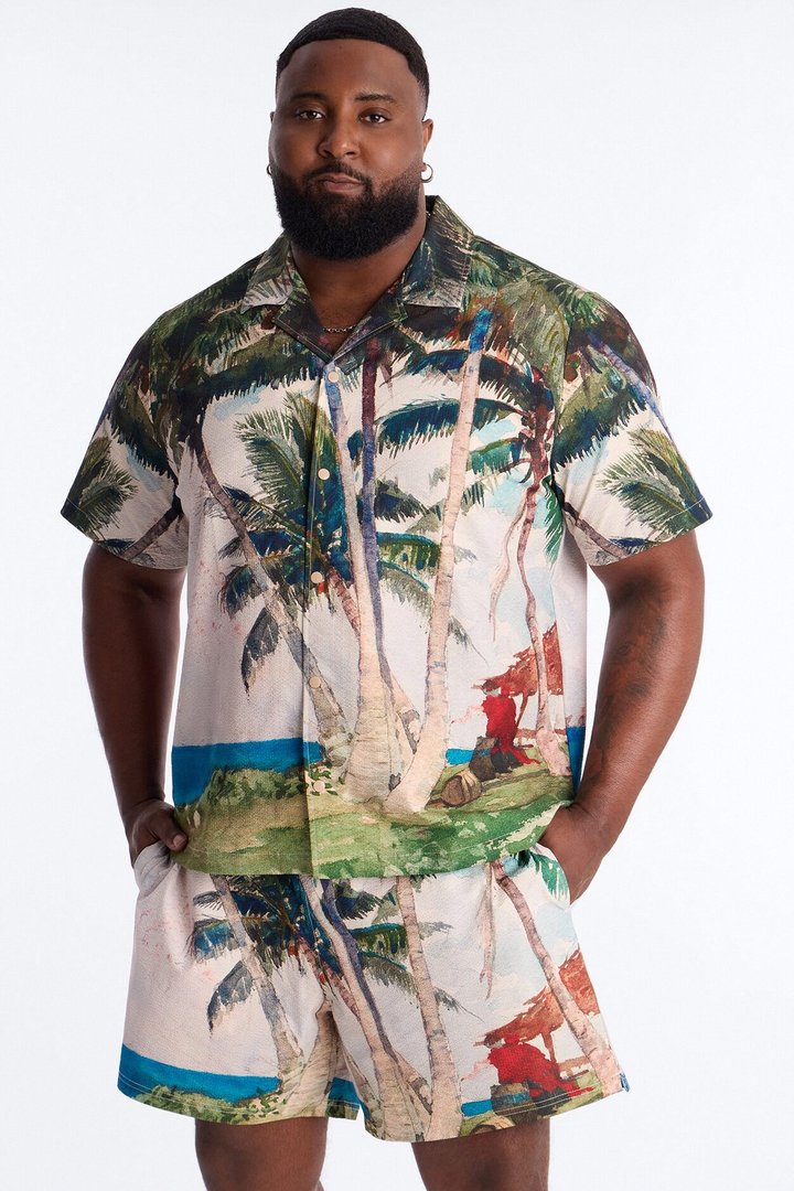 Tropical Get Away Printed Seersucker Cuban Collar Button Up Shirt - Multi Color