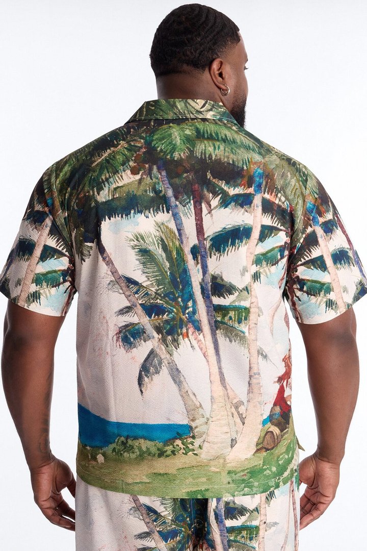 Tropical Get Away Printed Seersucker Cuban Collar Button Up Shirt - Multi Color