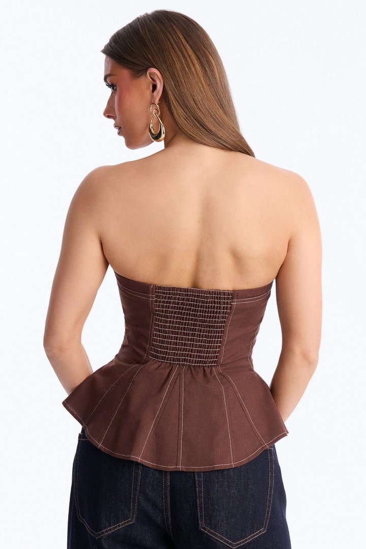 Treat Me Better Peplum Linen Top - Chocolate