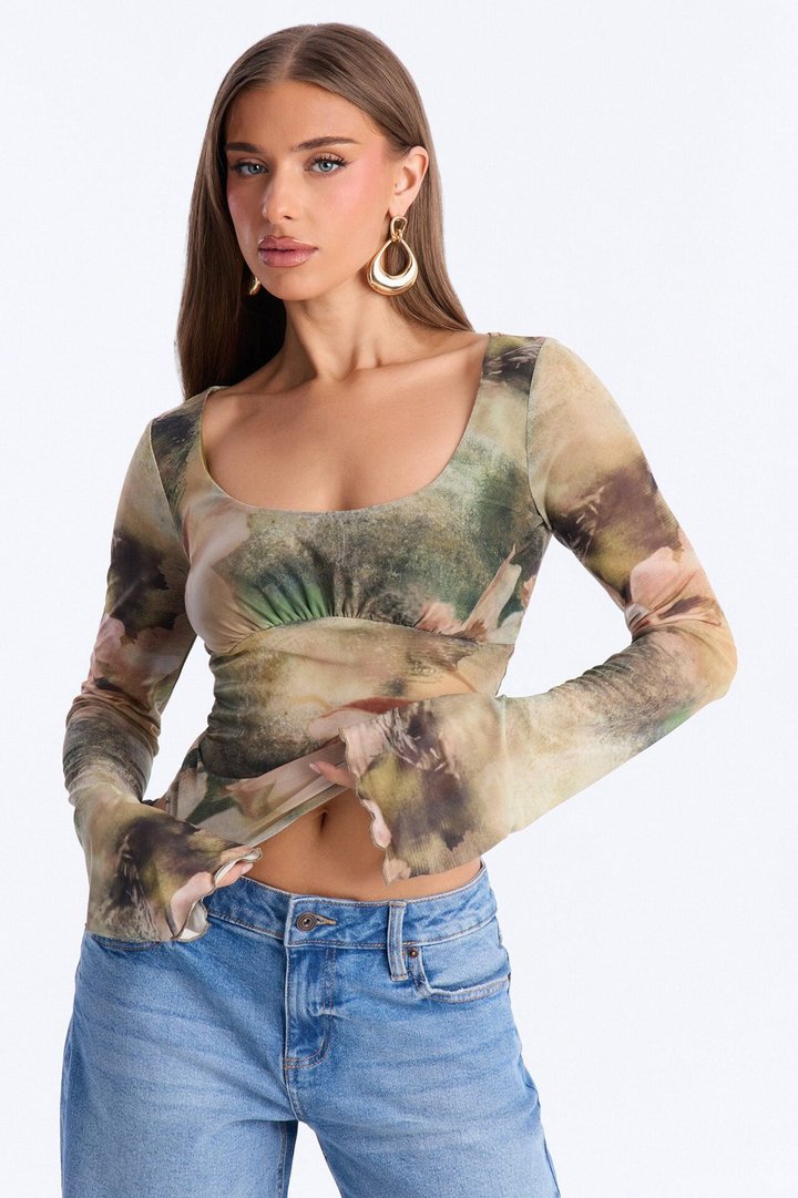 Garden Kiss Mesh Scoop Neck Long Sleeve Top - Green/combo