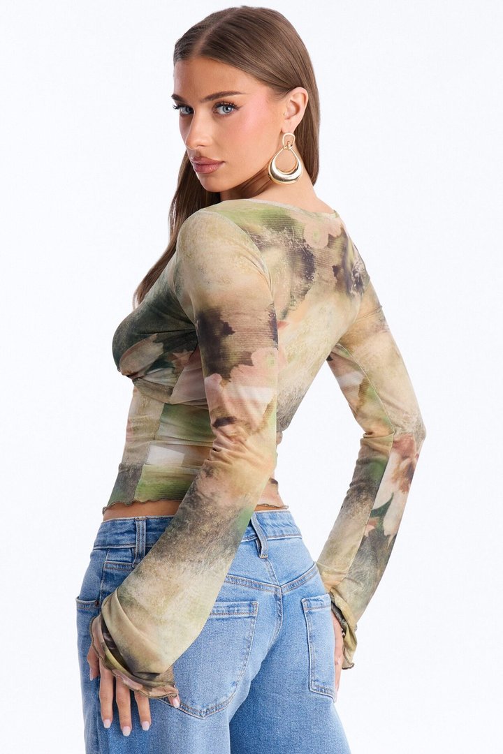 Garden Kiss Mesh Scoop Neck Long Sleeve Top - Green/combo