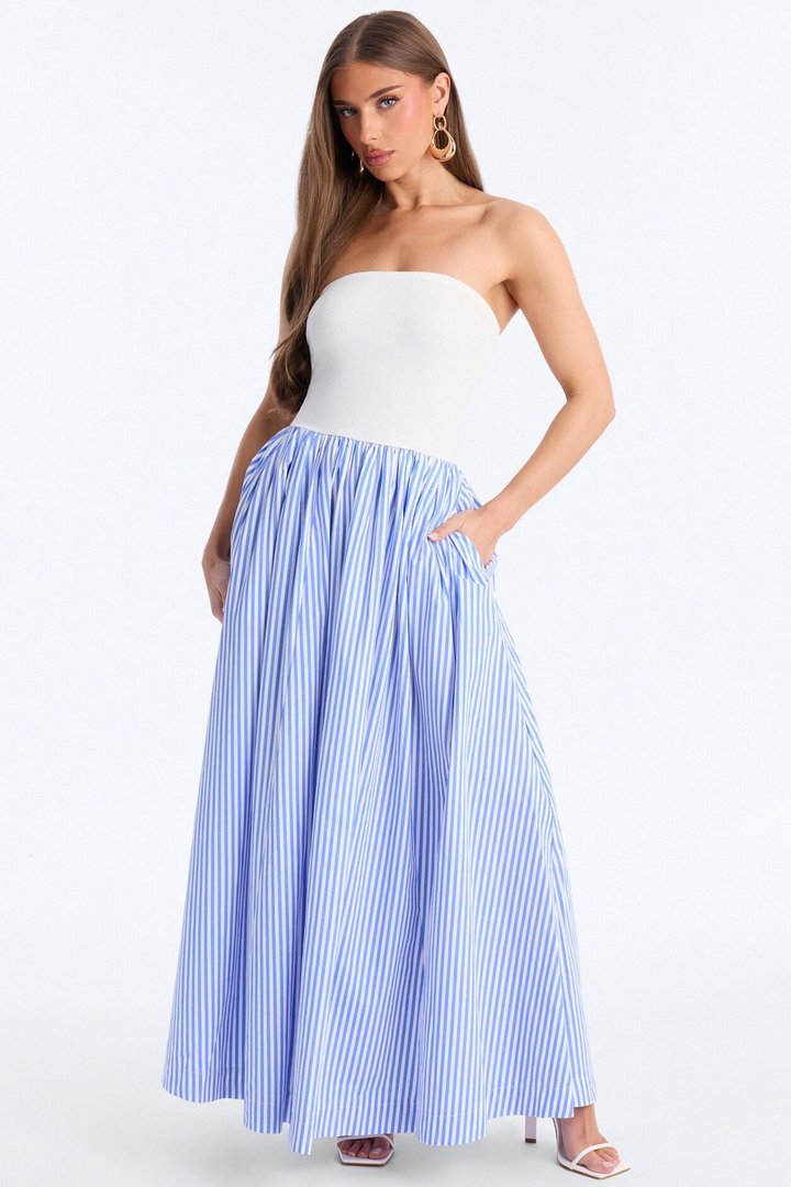 Kaia Strapless Poplin Maxi Dress - White/Blue