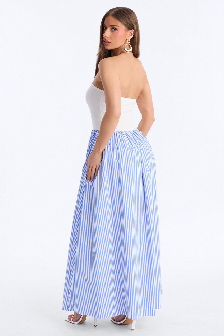 Kaia Strapless Poplin Maxi Dress - White/Blue