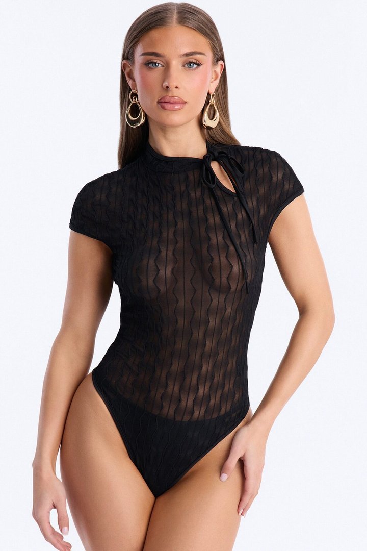 Nayeli Sheer Mesh Short Sleeve Bodysuit - Black