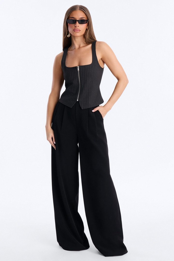 Looking Iconic Front Zip Pinstripe Tank Top - Black/combo
