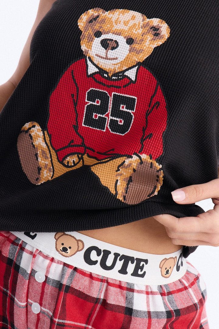 Club Bear Tank And Short PJ Set - Black/Red
