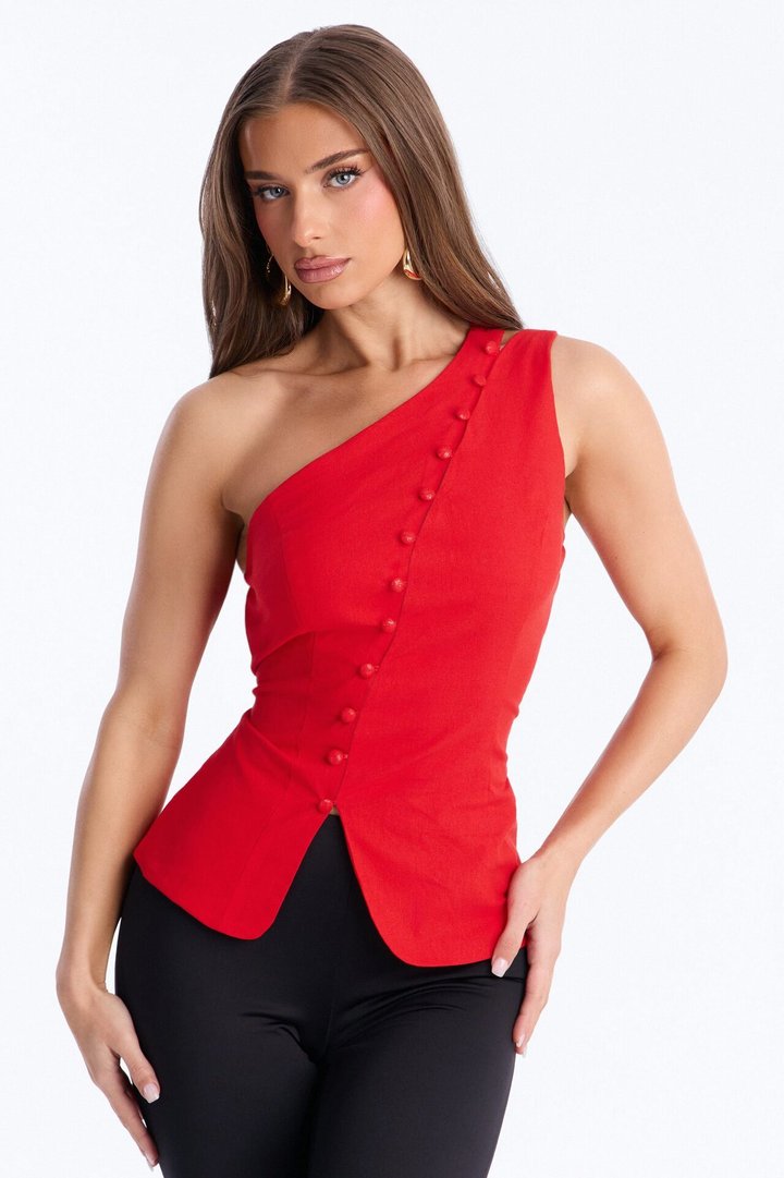 Urban Muse Button Up Linen Top - Red