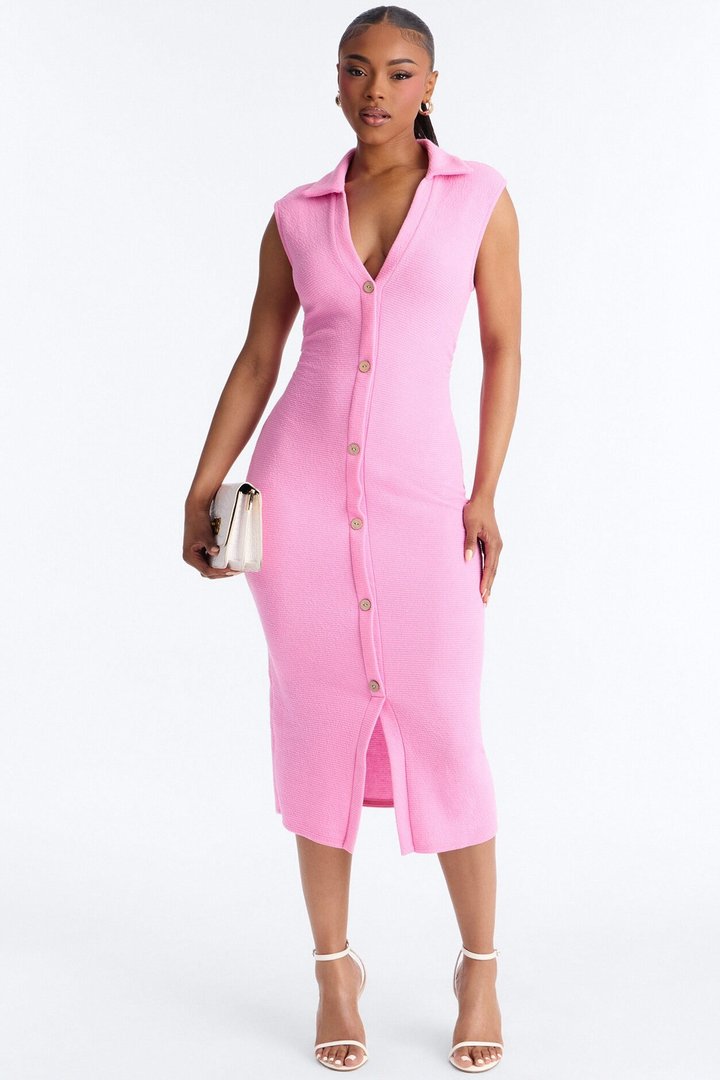 Edith Button Up Sweater Midi Dress - Pink