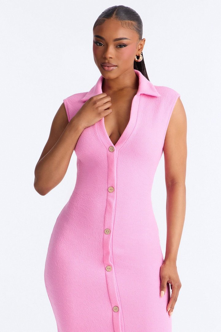 Edith Button Up Sweater Midi Dress - Pink