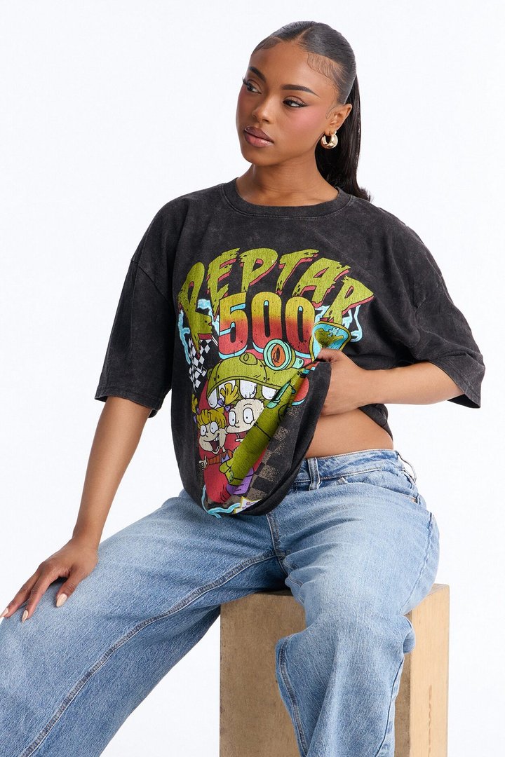 Rugrats Reptar 500 Racing Washed Oversized Tee - Black Wash