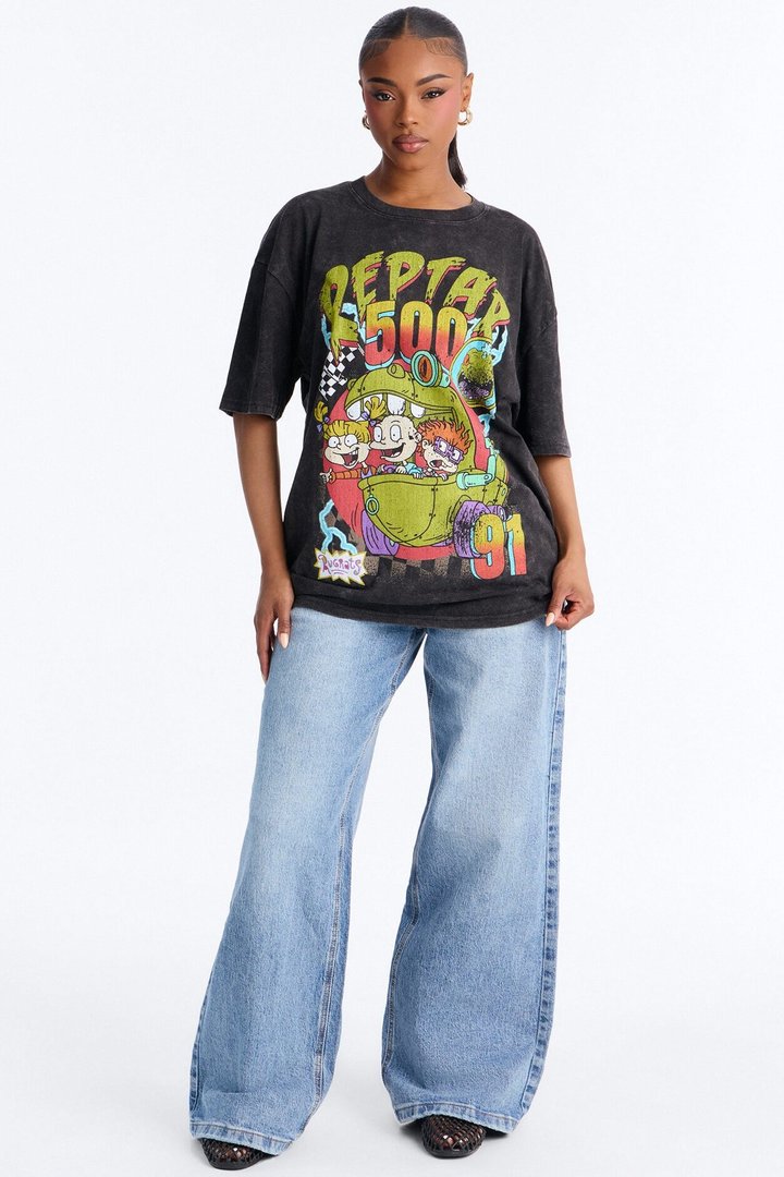 Rugrats Reptar 500 Racing Washed Oversized Tee - Black Wash