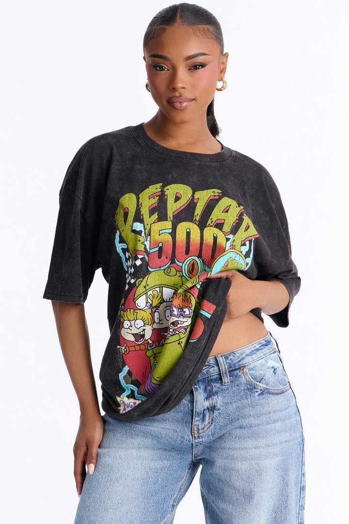 Rugrats Reptar 500 Racing Washed Oversized Tee - Black Wash