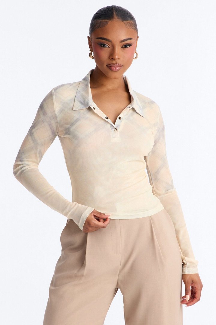 Street Grid Plaid Mesh Collar Long Sleeve Top - Yellow/combo