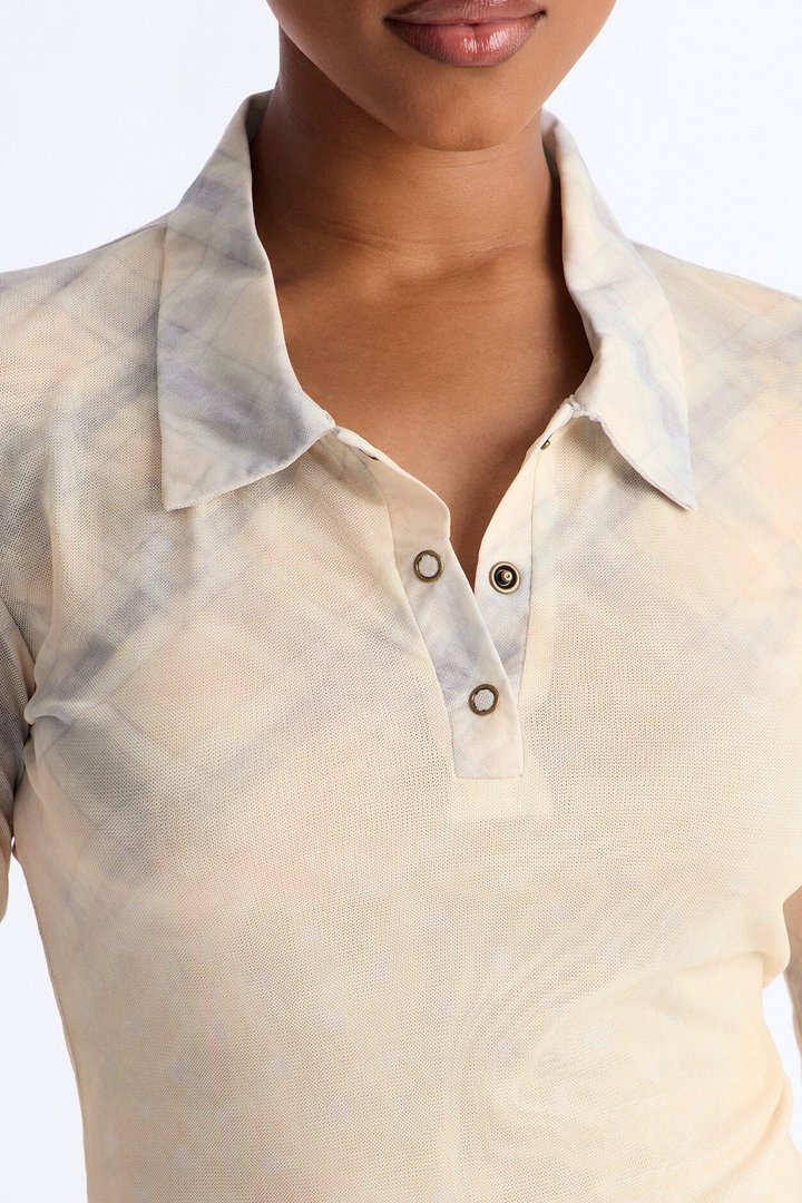 Street Grid Plaid Mesh Collar Long Sleeve Top - Yellow/combo