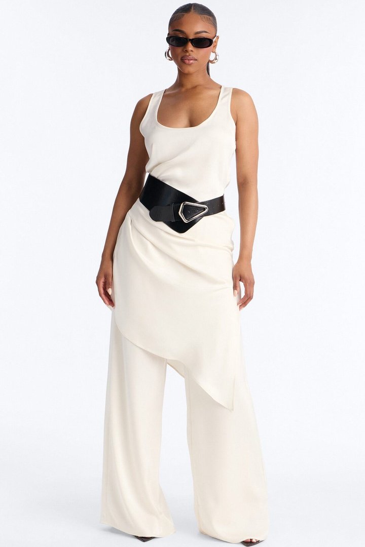 Oh So Chic Belted 3 Piece Satin Pant Set - Cream