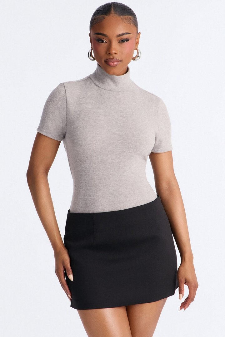 Marenna Mock Neck Short Sleeve Hacci Bodysuit - Grey