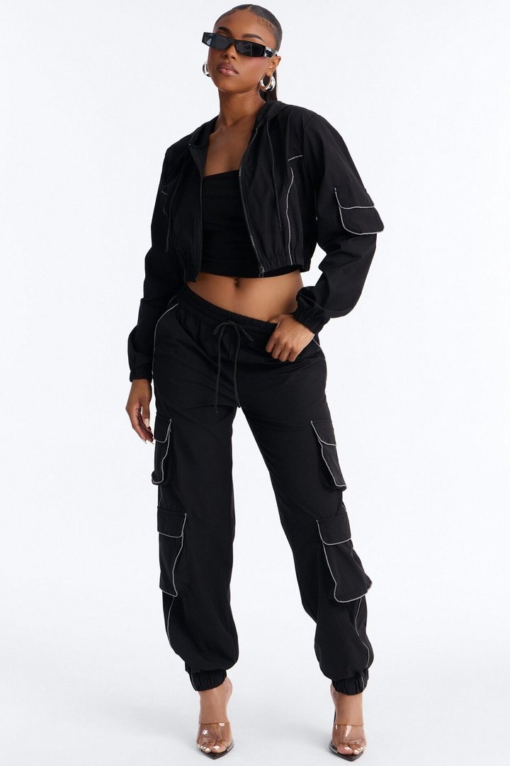 Nessa Nylon Cargo Hoodie Jogger Set - Black