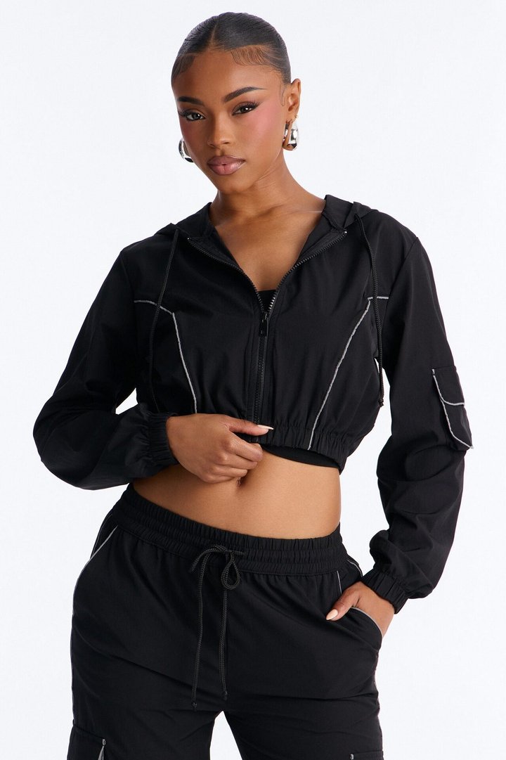 Nessa Nylon Cargo Hoodie Jogger Set - Black