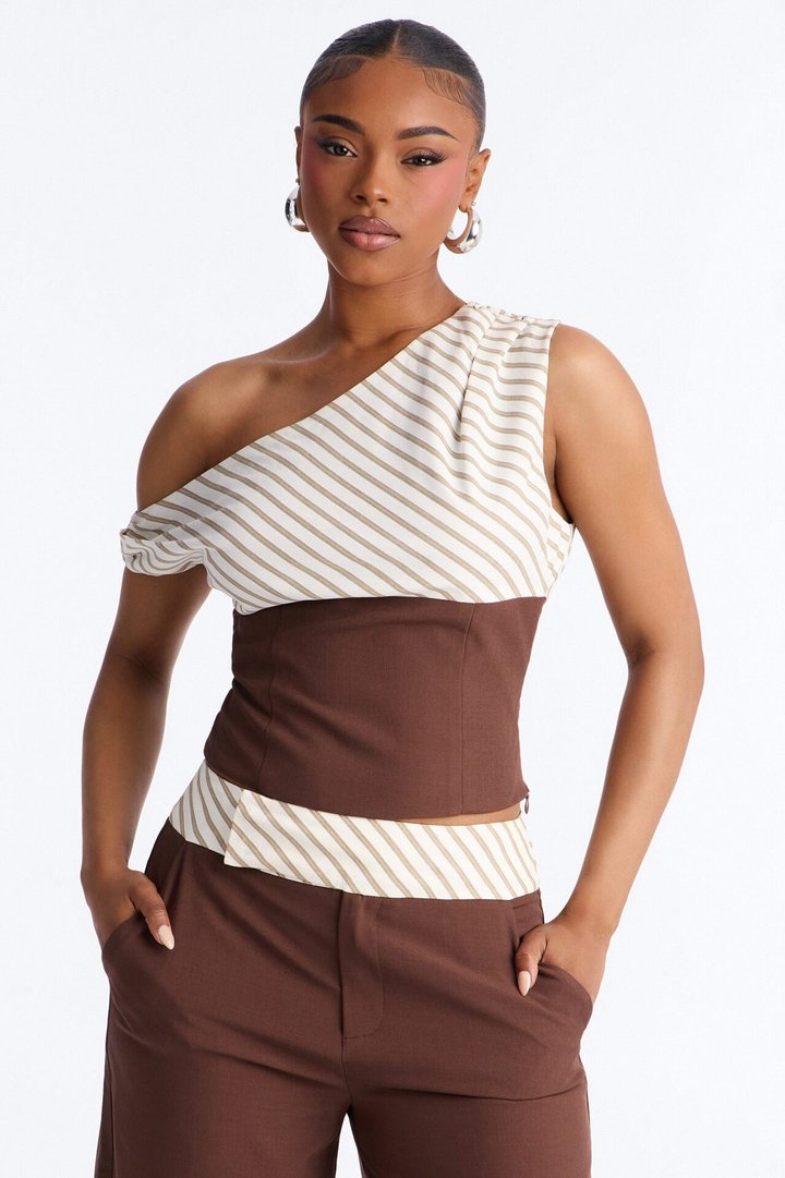 Georgia Striped Off The Shoulder Pant Set - Brown