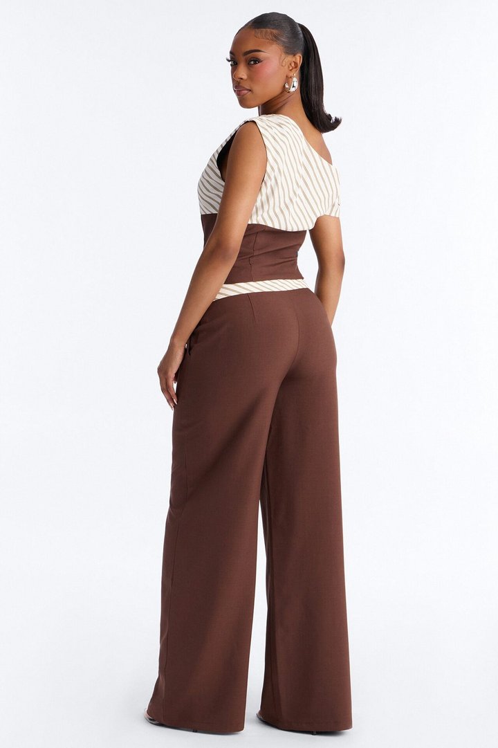 Georgia Striped Off The Shoulder Pant Set - Brown