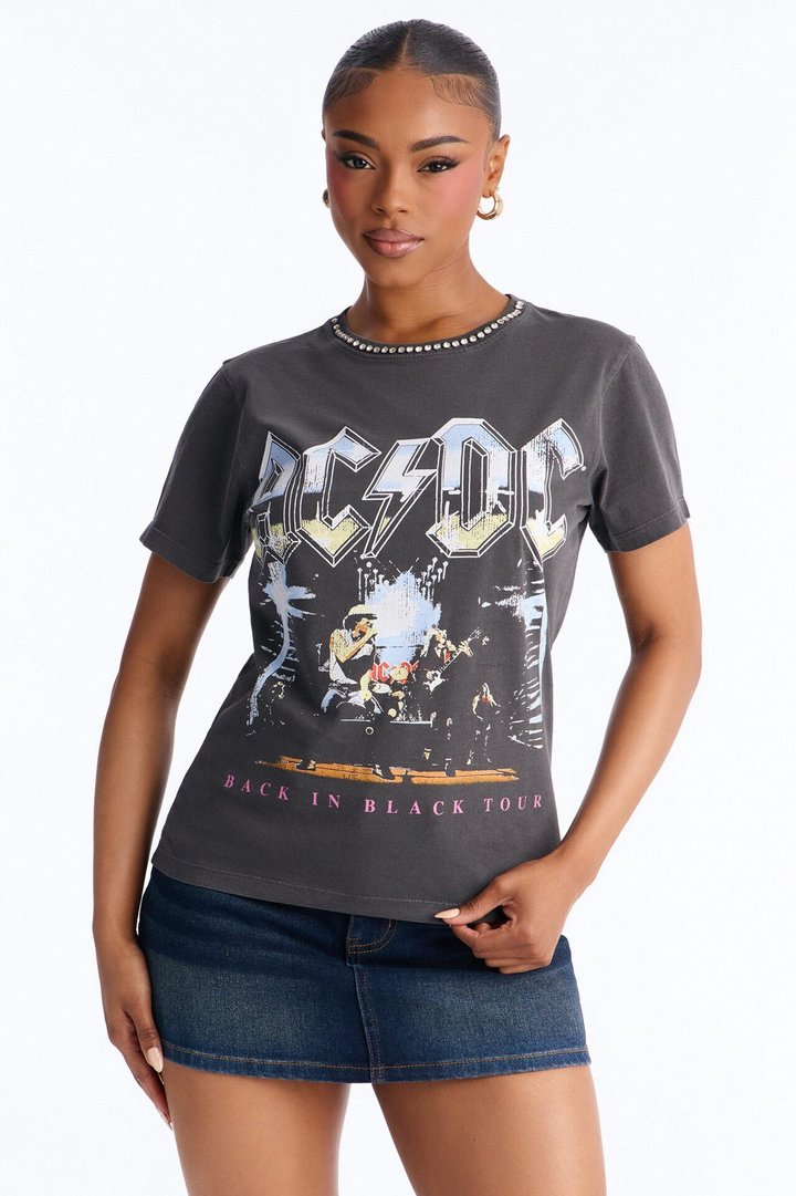 ACDC Jeweled Neck Washed Tee - Black Wash