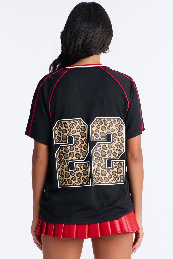 Leopard Numbers V Neck Jersey - Black