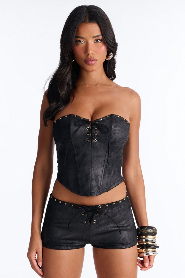Tessa Corset Faux Suede Studded Short Set - Black