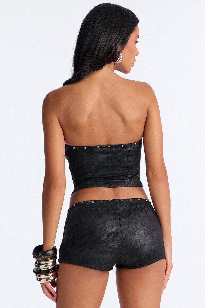 Tessa Corset Faux Suede Studded Short Set - Black
