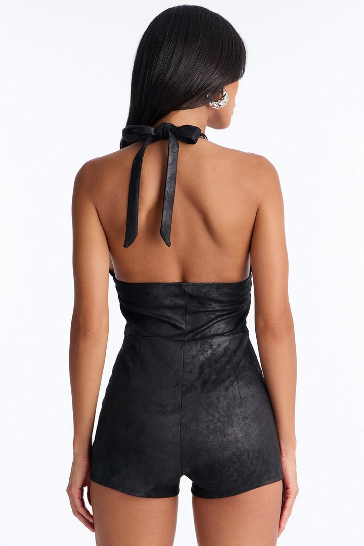 Saddle Up Faux Suede Micro Short Romper - Black