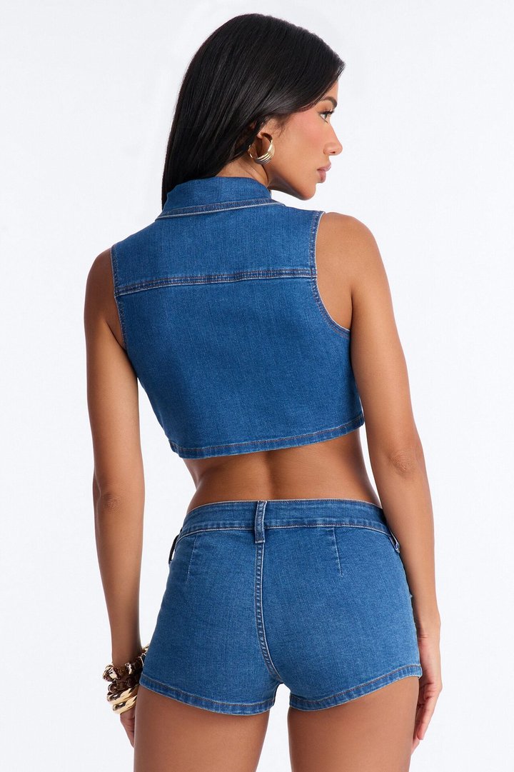 Untamed Denim Vest Short Set - Medium Wash