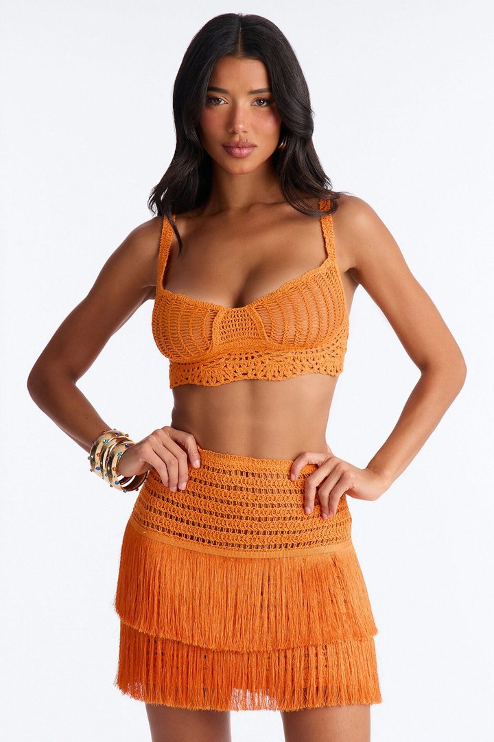 Coastal Crush Crochet Fringe Mini Skirt Set - Orange