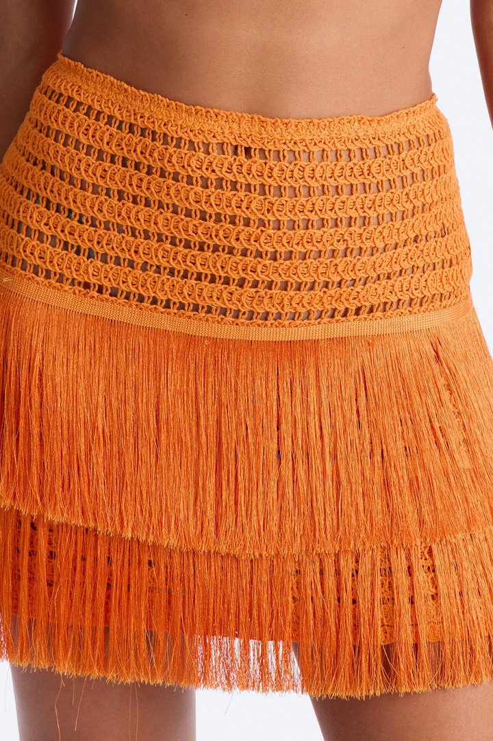 Coastal Crush Crochet Fringe Mini Skirt Set - Orange