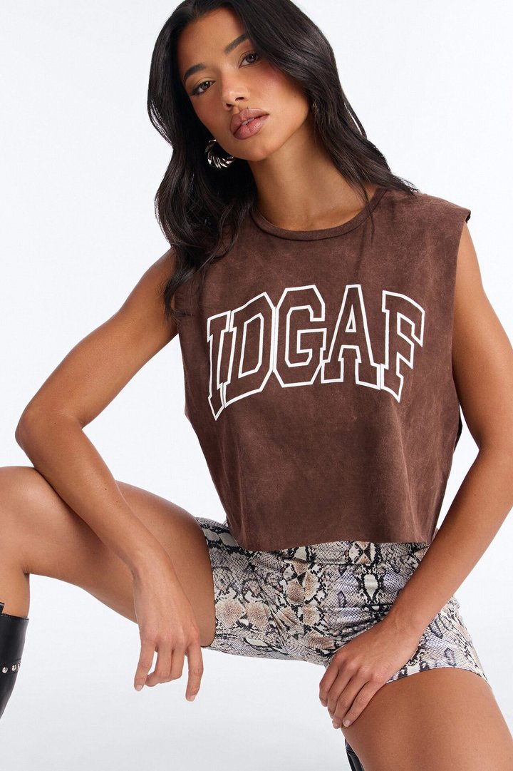 IDGAF Washed Cropped Muscle Tank - Brown