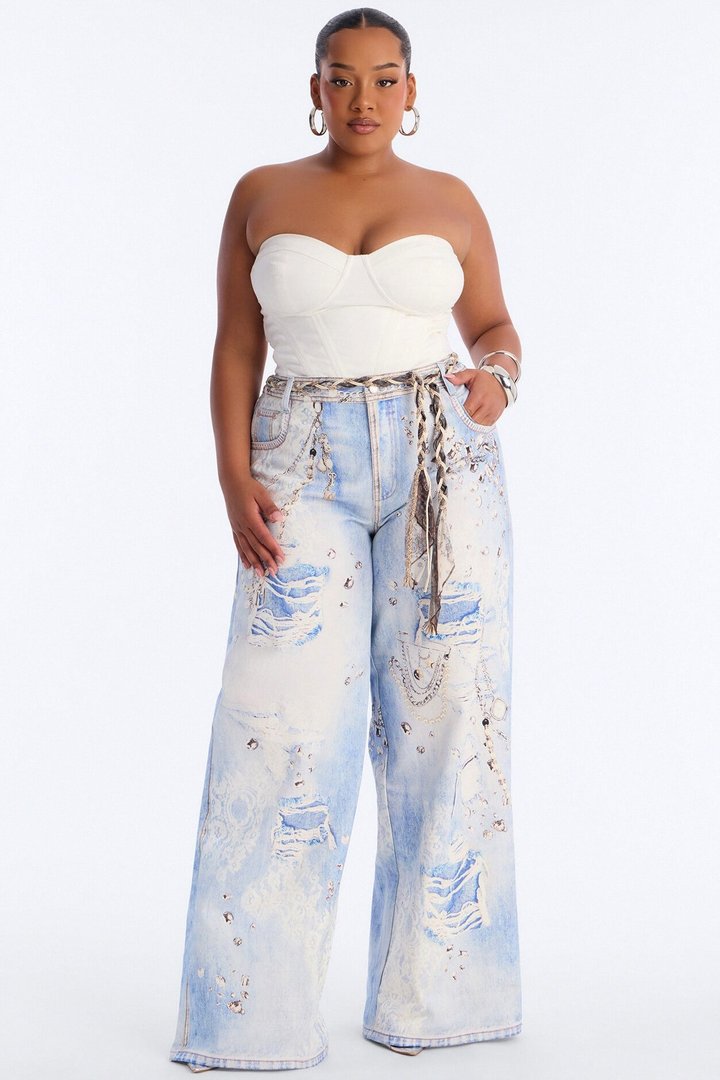 Marlowe Mid Rise Belted Wide Leg Pant 34″ - Blue/combo