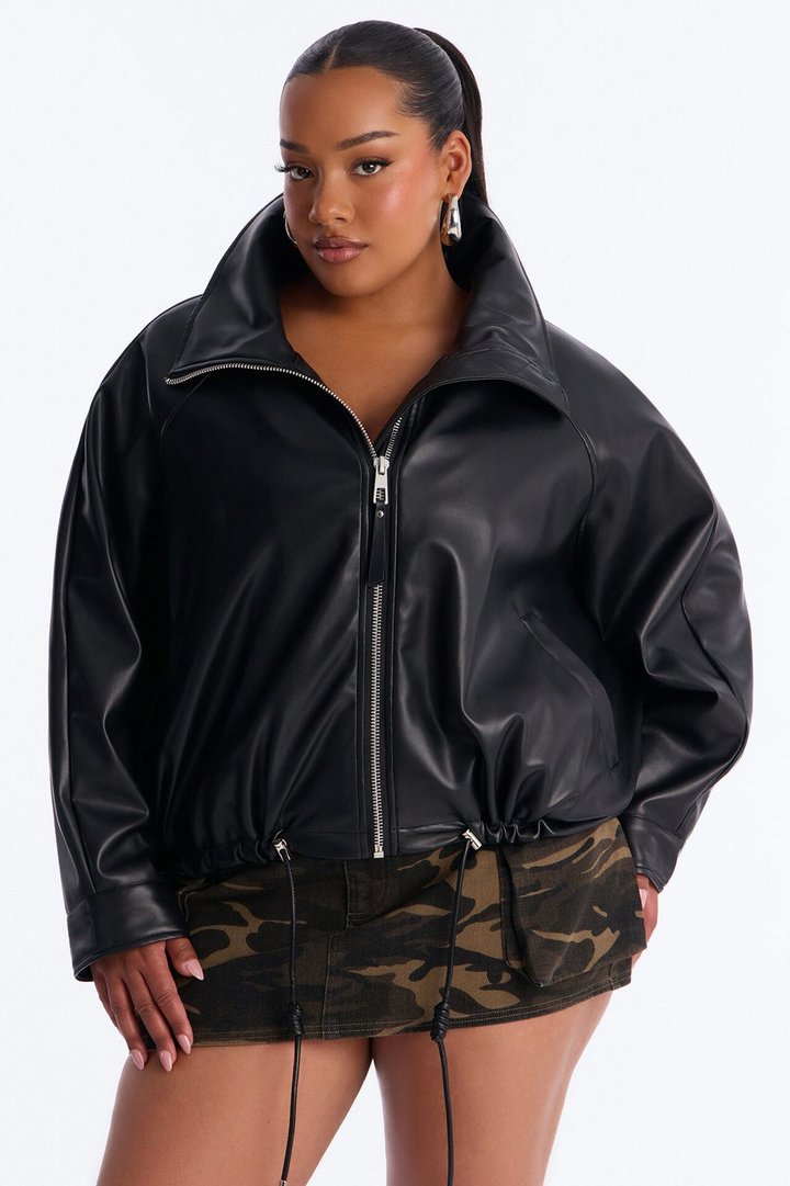 Iris Faux Leather Funnel Neck Bubble Bomber Jacket - Black