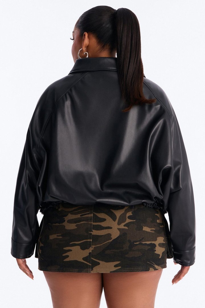 Iris Faux Leather Funnel Neck Bubble Bomber Jacket - Black