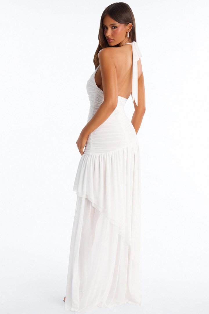 Mesmerize Me Ruched Mesh Maxi Dress - White