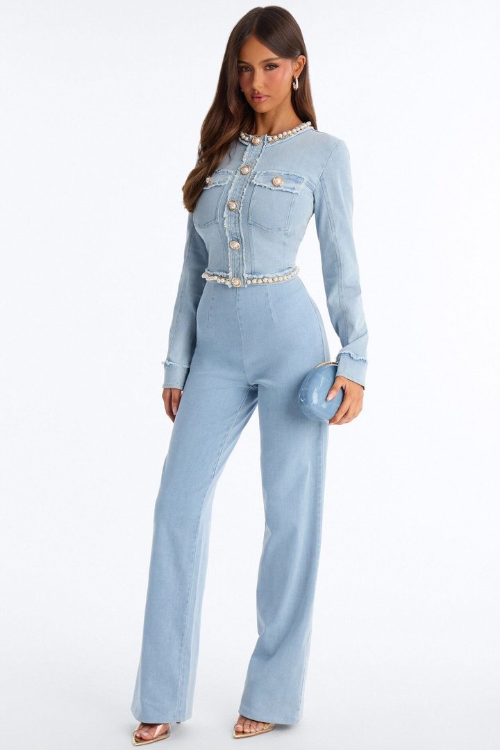 Threaded Grace Pearl Denim Pant Set - Light Wash