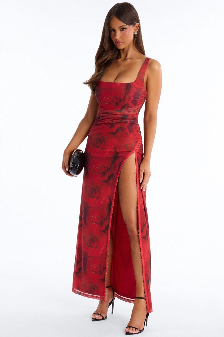 Valentina Hook And Eye Mesh Maxi Dress - Red/combo