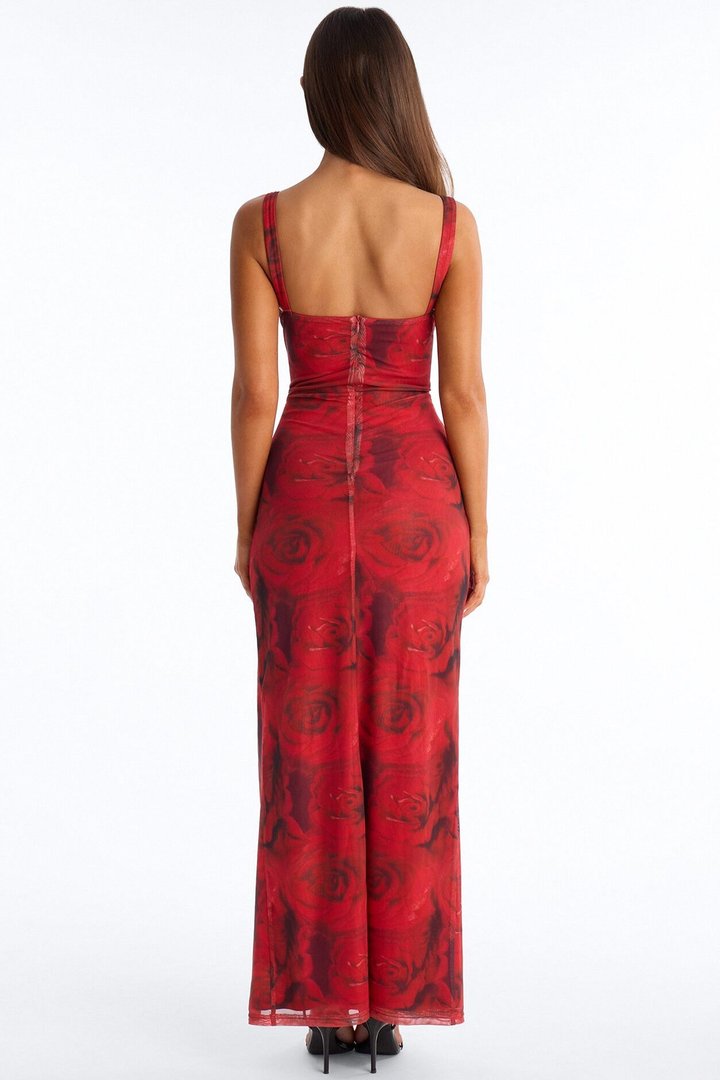 Valentina Hook And Eye Mesh Maxi Dress - Red/combo