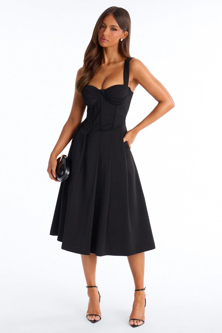 Gabriela Pleated Corset Midi Dress - Black