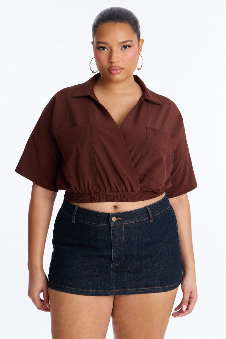 Taylor Crossover Short Sleeve Collared Blouse - Brown