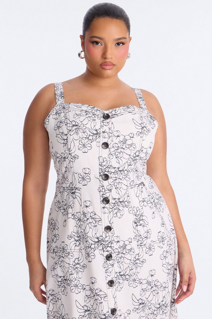 Carla Floral Denim Midi Dress - White/Black