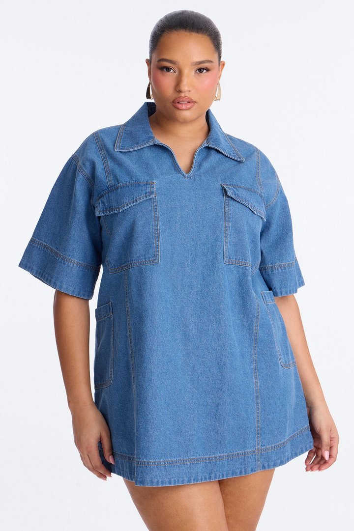 Solana Short Sleeve Denim Mini Dress - Medium Wash