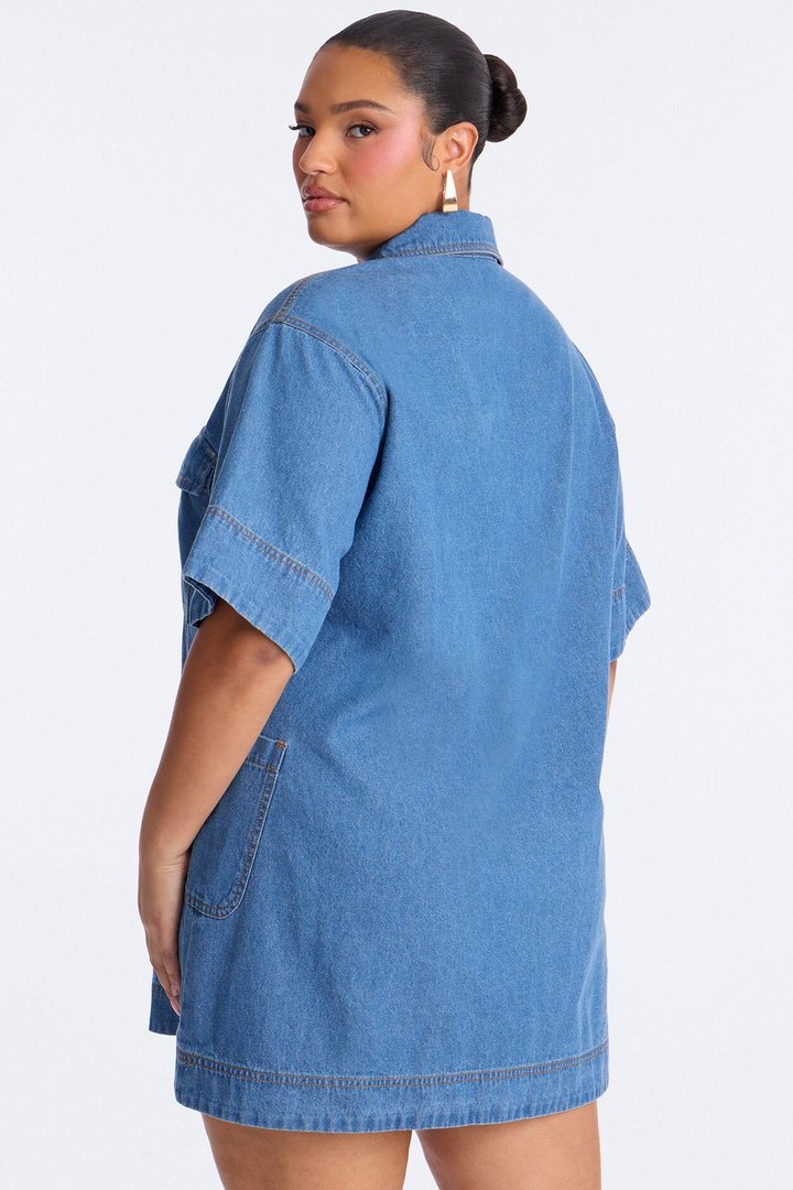 Solana Short Sleeve Denim Mini Dress - Medium Wash
