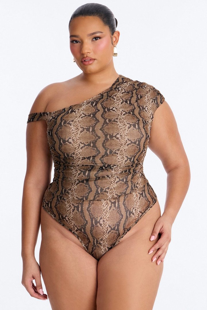 Sunara Snake Off Shoulder Mesh Bodysuit - Brown/combo