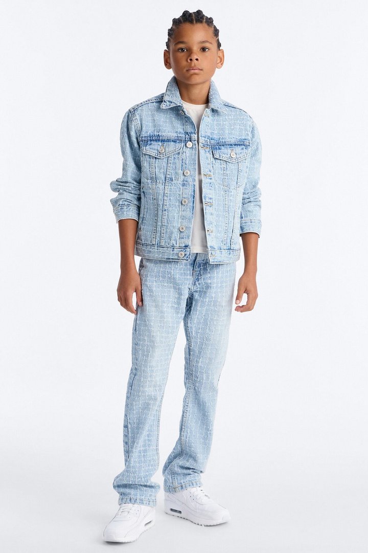 Mini Windowpane Denim Trucker Jacket - Light Wash