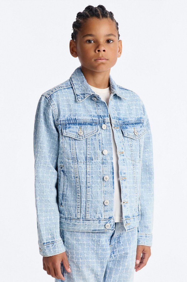 Mini Windowpane Denim Trucker Jacket - Light Wash