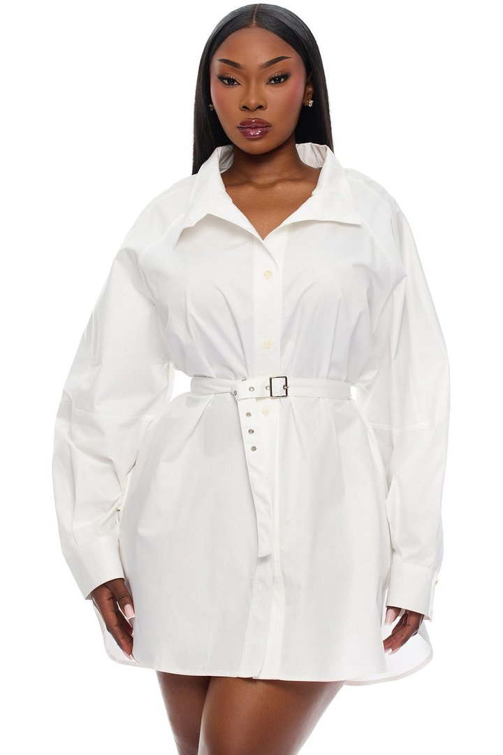Ysabelle Belted Mini Shirt Dress - White