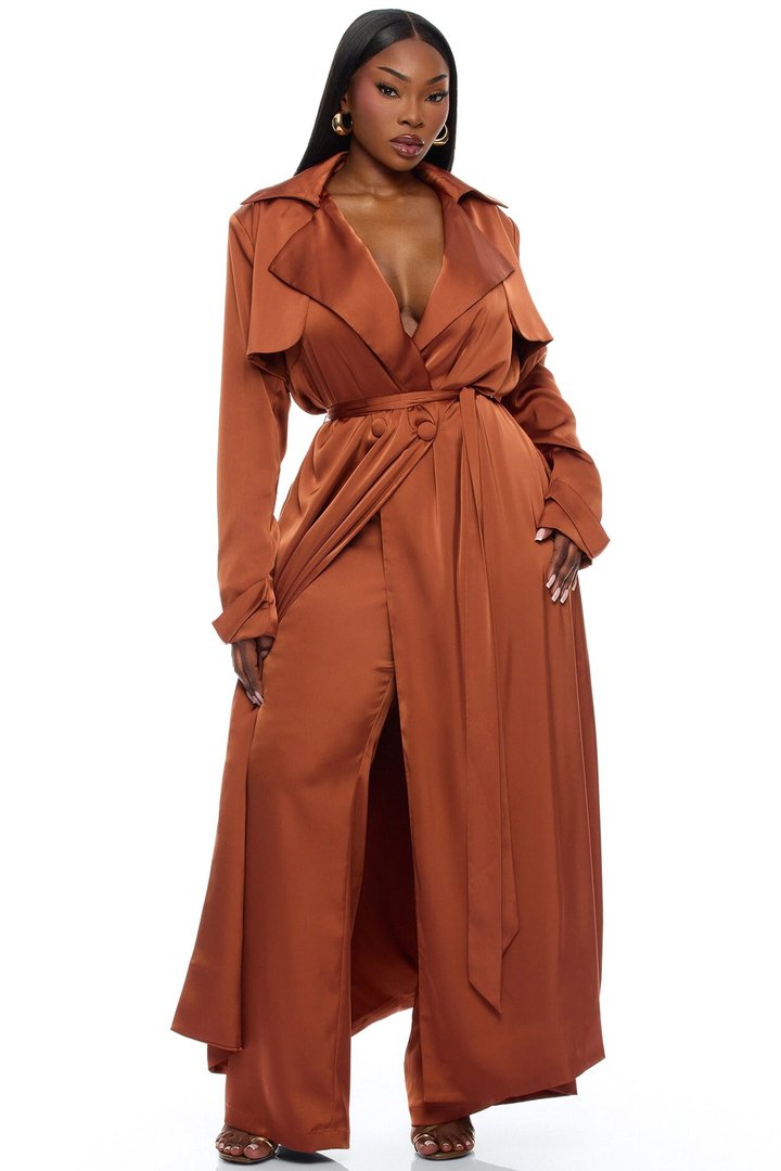 Gabriella Satin Trench Coat And Pant Set - Bronze